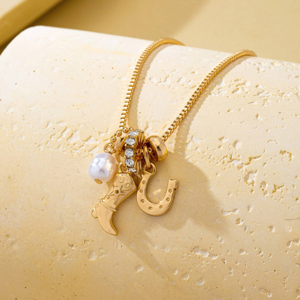 Western Boot Horseshoe Pearl Charm Necklace | 80N93161: Gold