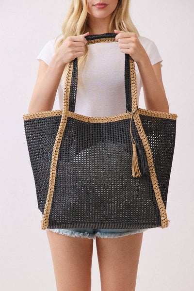 MB0338 Two Tone Woven Straw Beach Tote Bag: Tan