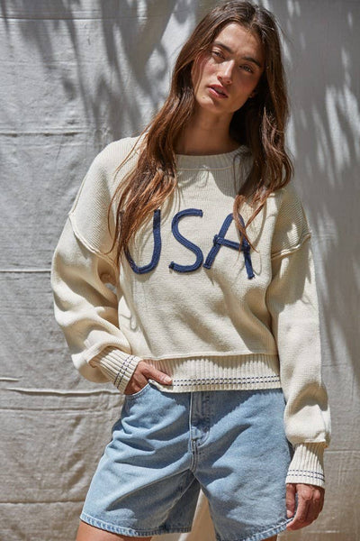 Knit Sweater Pullover Top With Embroidered "USA"