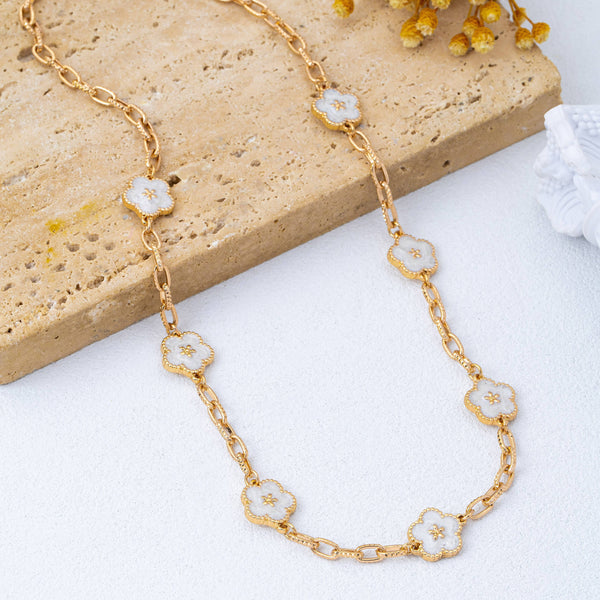 Vintage-Inspired White Enamel Floral Necklace | 80N93188: Gold