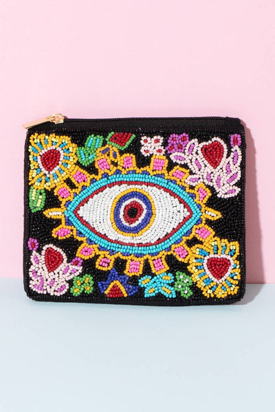 Flower Heart Evil Eye Beaded Coin Purse: MULTI