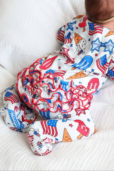 Ruffle Zipper Footie | Red, White & Cool: 0-3 months