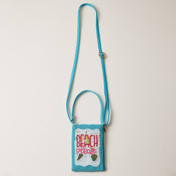 Seed Beaded Tropical Crossbody Phone Bag | Multifunctional Zipper Bag: Flamingo in Blue