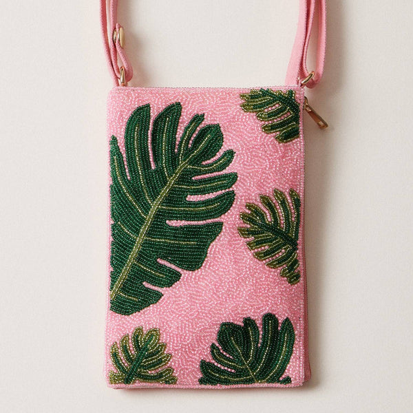 Seed Beaded Tropical Crossbody Phone Bag | Multifunctional Zipper Bag: Flamingo in Blue