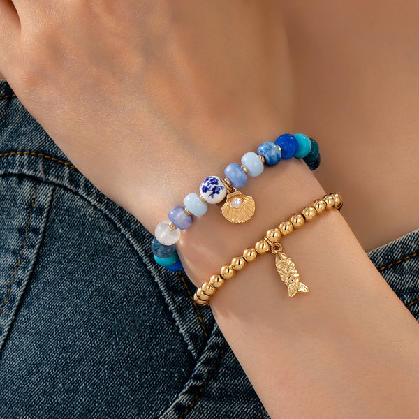 Nautical Blue Beaded Stretch Bracelet Set | 80B1705: Set