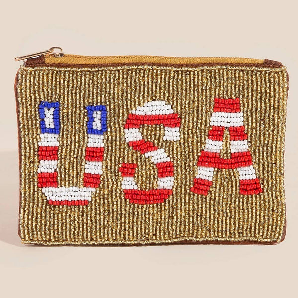 Usa Theme Golden Seed Beaded Coin Purse: MULTI