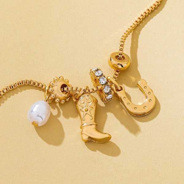 Western Boot Horseshoe Pearl Charm Necklace | 80N93161: Gold
