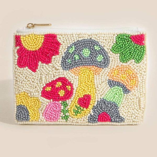 Mushroom And Flowers Seed Beaded Coin Purse: MULTI
