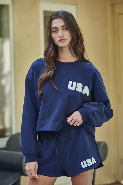 Cotton French Terry Shorts With USA Patch
