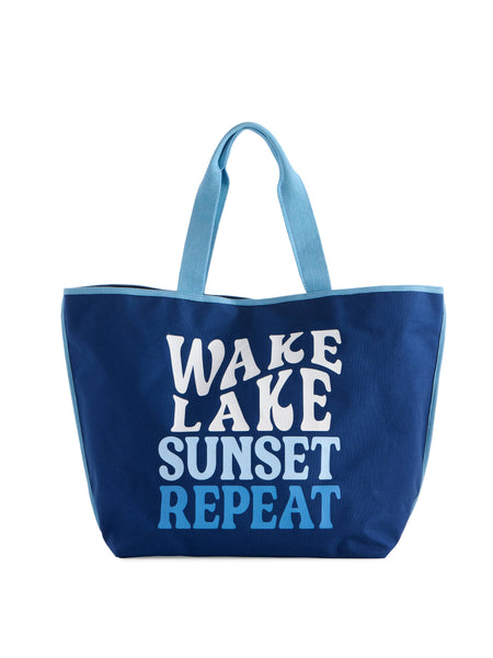"WAKE, LAKE, SUNSET, REPEAT" TOTE,NAVY