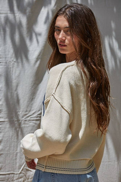 Knit Sweater Pullover Top With Embroidered "USA"
