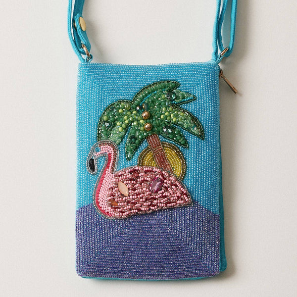 Seed Beaded Tropical Crossbody Phone Bag | Multifunctional Zipper Bag: Flamingo in Blue