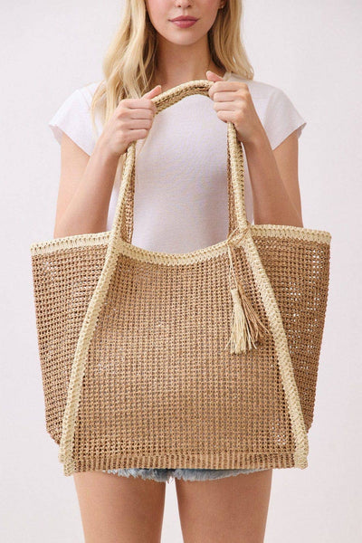 MB0338 Two Tone Woven Straw Beach Tote Bag: Tan