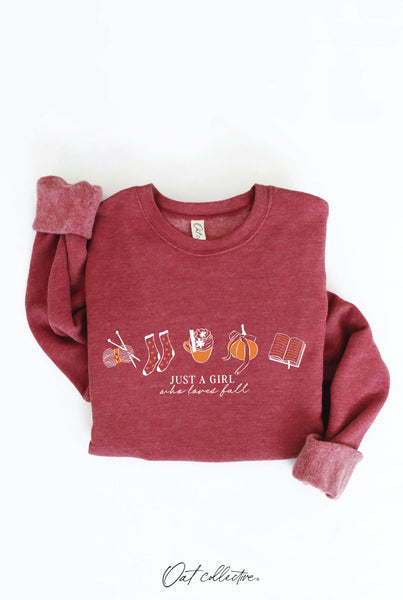JUST A GIRL WHO LOVES FALL Graphic Sweatshirt: HEATHER DUST / M