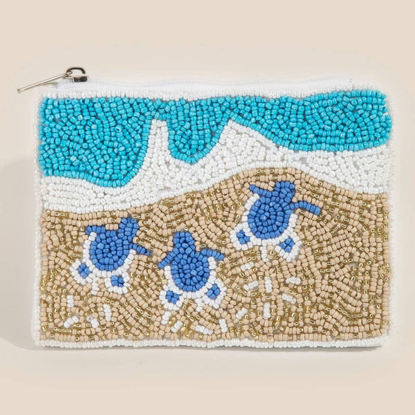 Turtles On Beach Seed Beaded Coin Purse: MULTI