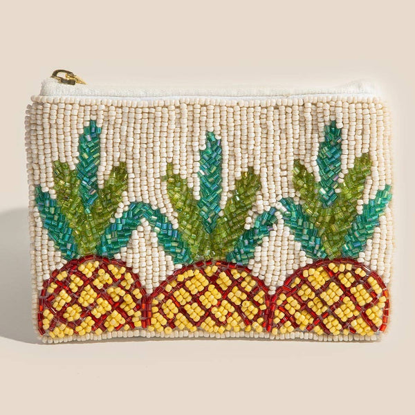 Seed Beaded Triple Pineapple Coin Purse: MULTI