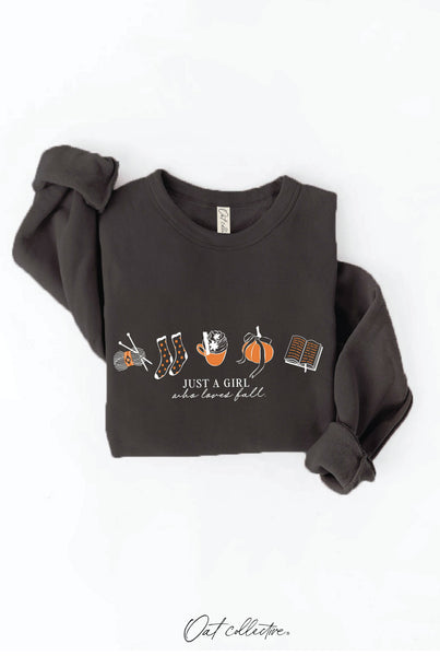 JUST A GIRL WHO LOVES FALL Graphic Sweatshirt: HEATHER DUST / L