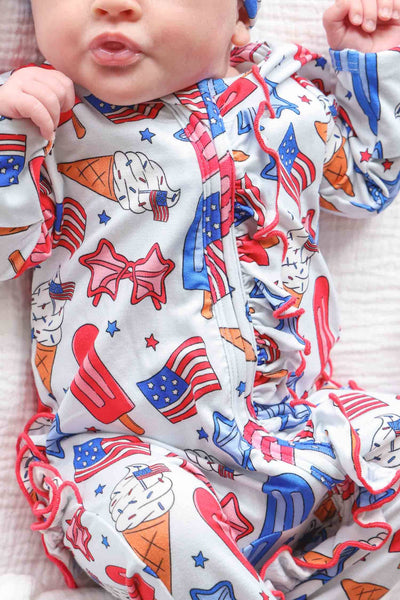 Ruffle Zipper Footie | Red, White & Cool: 3-6 months