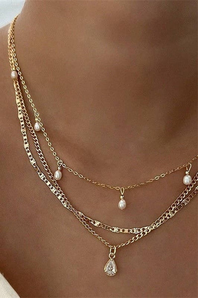 MULTI LAYER STONE CHAIN TEARDROP CHARM NECKLACE | 40NK9637: GOLD