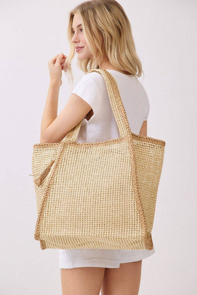 MB0338 Two Tone Woven Straw Beach Tote Bag: Tan
