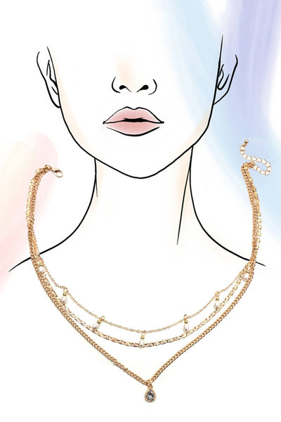 MULTI LAYER STONE CHAIN TEARDROP CHARM NECKLACE | 40NK9637: GOLD