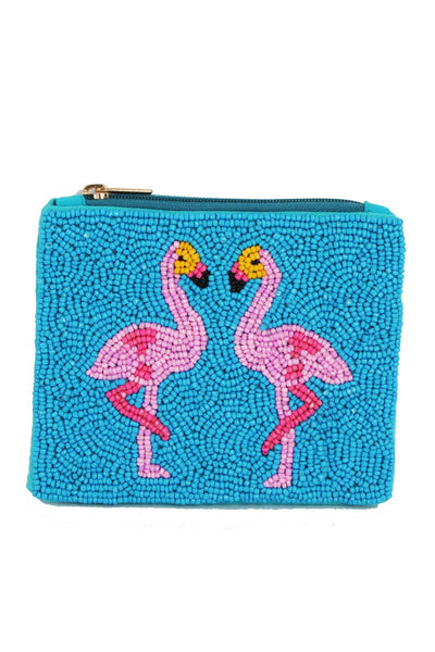 Two Flamingo Beaded Coin Purse: MULTI