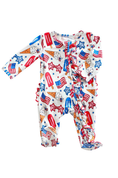 Ruffle Zipper Footie | Red, White & Cool: 6-9 months