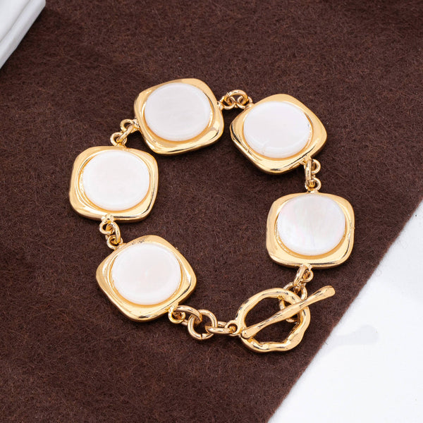 White Pearly Inlay Square Link Bracelet | 80B1752: Gold