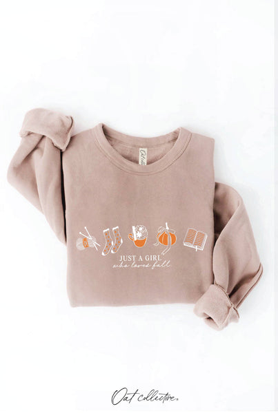 JUST A GIRL WHO LOVES FALL Graphic Sweatshirt: HEATHER DUST / M