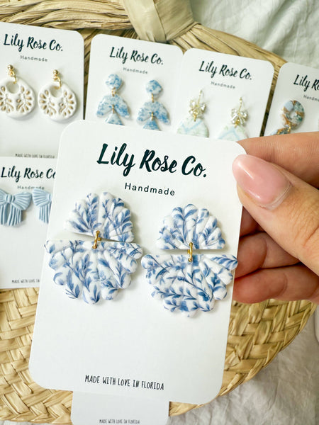 Blue and White Floral Fan Earrings / Women’s Earrings 