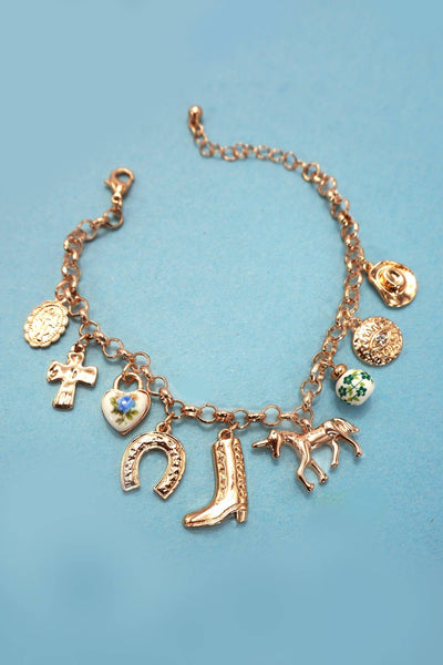 CHARM BRACELET - WESTERN BOOT CROSS PORCELAIN | 80B1345: GOLD