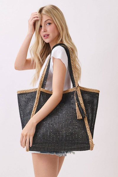 MB0338 Two Tone Woven Straw Beach Tote Bag: Tan