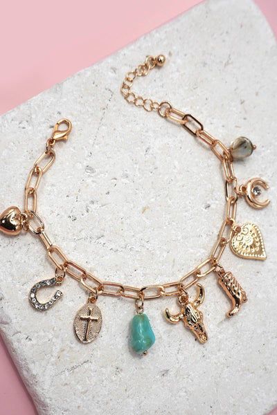CHARM BRACELET-WESTERN BOOT BULLHEAD STONE | 80B1291: Gold