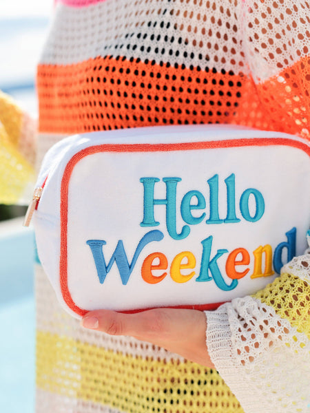 CABANA "HELLO WEEKEND" MEDIUM ZIP POUCH, WHITE