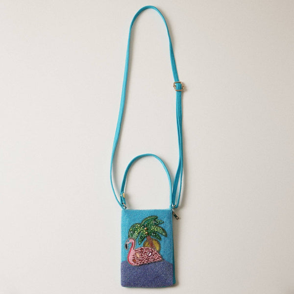 Seed Beaded Tropical Crossbody Phone Bag | Multifunctional Zipper Bag: Flamingo in Blue