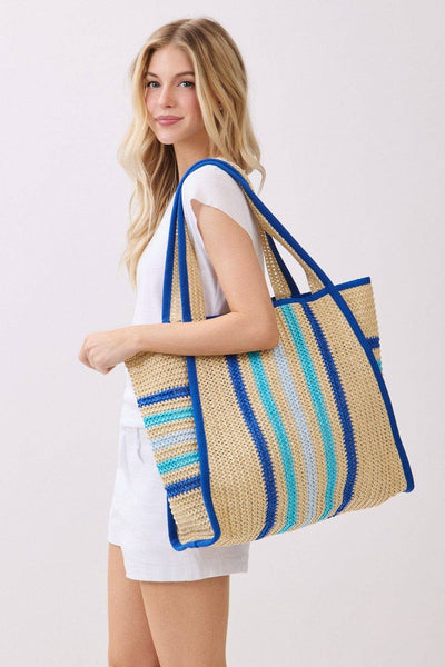 MB0323 Jennifer Multi Color Straw Beach Tote Bag: Blue