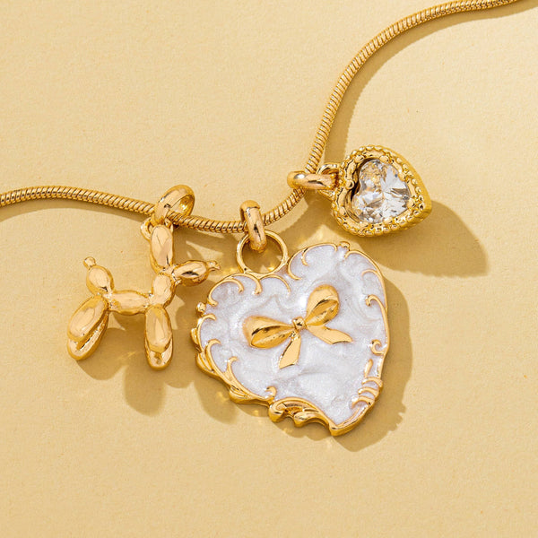 Bow Heart & Balloon Dog Crystal Charm Necklace | 80N93126: Gold