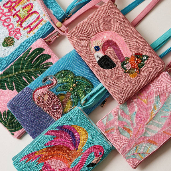 Seed Beaded Tropical Crossbody Phone Bag | Multifunctional Zipper Bag: Flamingo in Blue