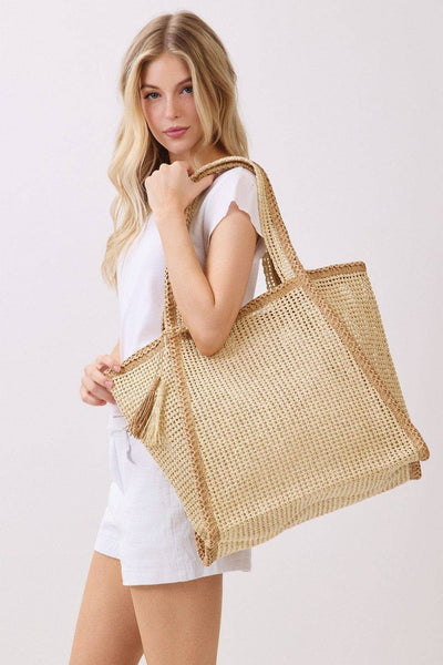 MB0338 Two Tone Woven Straw Beach Tote Bag: Tan
