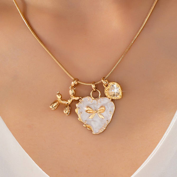 Bow Heart & Balloon Dog Crystal Charm Necklace | 80N93126: Gold