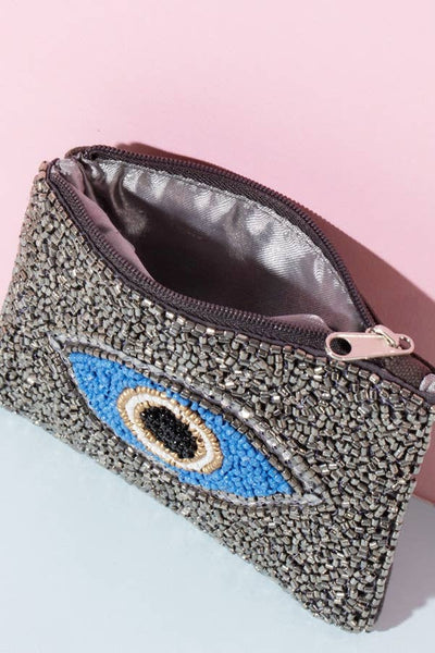 Black Evil Eye Beaded Coin Purse: MULTI