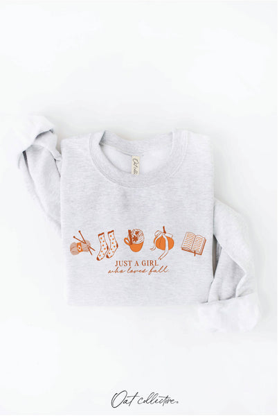 JUST A GIRL WHO LOVES FALL Graphic Sweatshirt: HEATHER DUST / L
