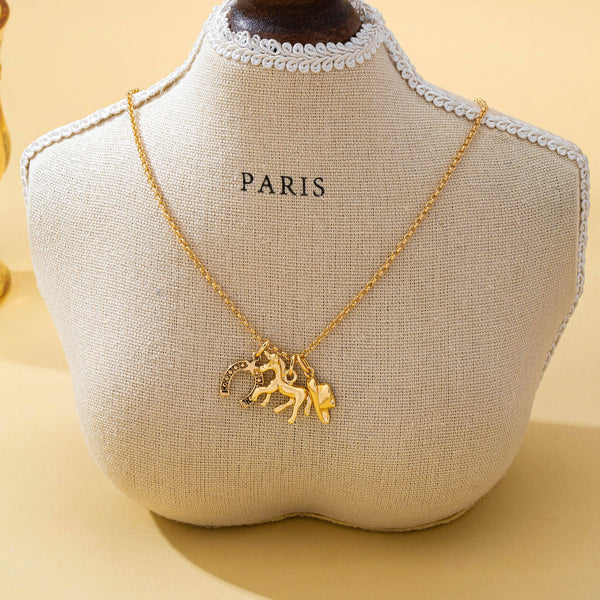 Galloping Horse and Horseshoe Charm Necklace | 80N93131: Gold
