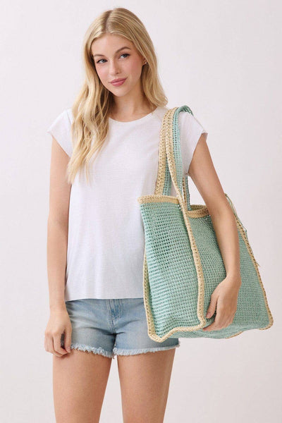 MB0338 Two Tone Woven Straw Beach Tote Bag: Tan