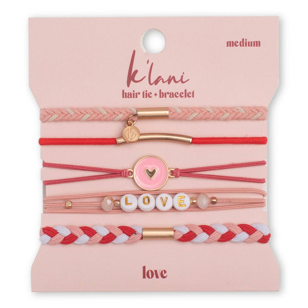 "Love" Pink & Red with Hearts Hair Tie Bracelets: Small