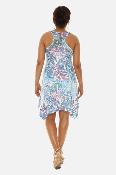 SW Women's Palm Leaf Print Beach Dress with Racer Back: BLUE / S/M