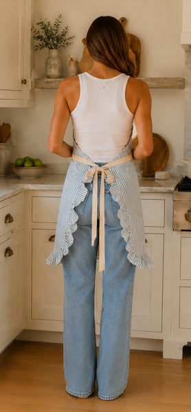 PL Blue Pinstripe Ruffle Cotton Apron with Pocket