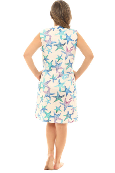 SW Cool Blue Starfish Dress with Pockets: White/Blue / V-Neck Short Sleeve / S