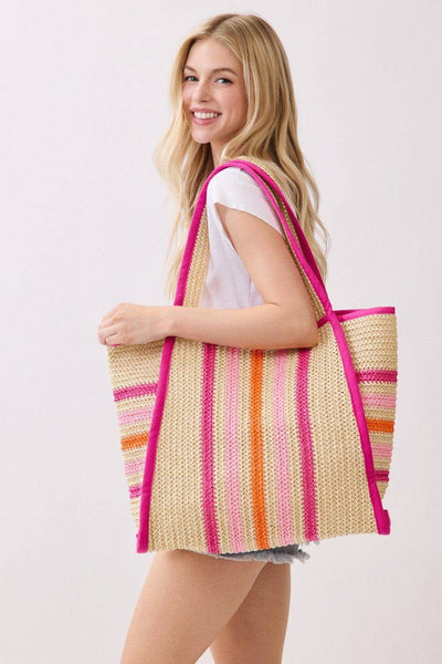 MB0323 Jennifer Multi Color Straw Beach Tote Bag: Hot Pink
