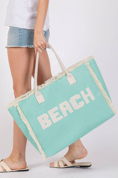 MB0268 Embroidered Beach Letter Fringe Tote Bag: Mint